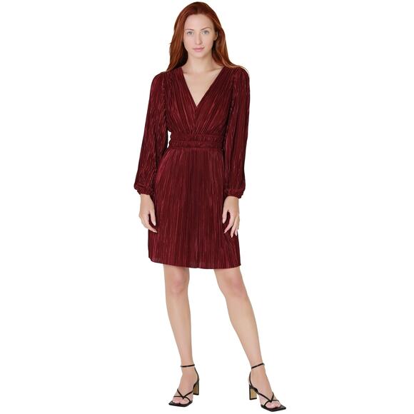 Lucy Paris Rosa Mini Dress Fit & Flare V Neck Pleated Long Sleeve Maroon Size L - Picture 1 of 10